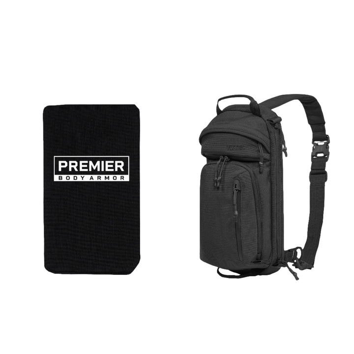 The image shows two products side by side: a rectangular black ballistic insert panel featuring the "Premier Body Armor" logo in white text and an Upscale3 Slingbag in black with multiple compartments and an adjustable strap. Both are part of the Armored Viktos Upscale3 Bundle by Viktos/Premier.