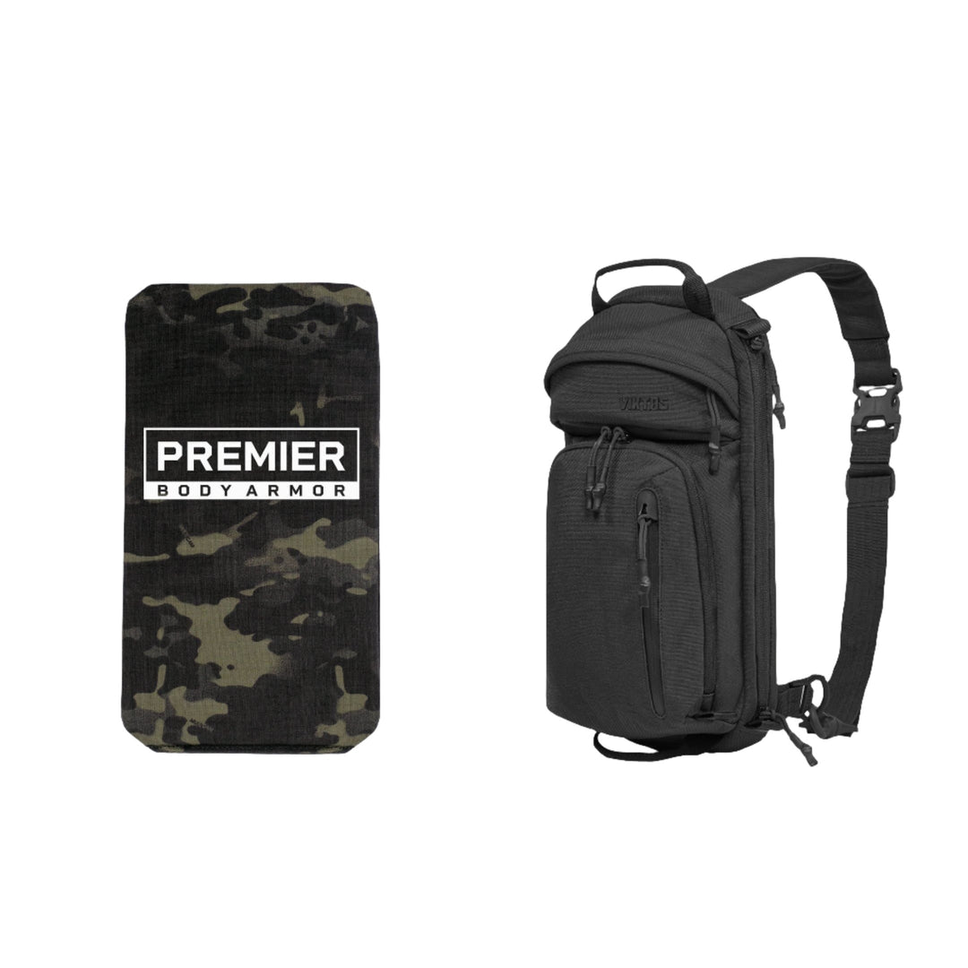 Image of a rectangular camouflage-patterned body armor plate showcasing the text "PREMIER BODY ARMOR" alongside a Viktos Upscale3 sling bag featuring multiple compartments and an adjustable strap. Both items, designed for minimalist concealed carry, are neatly positioned side by side on a white background. This cohesive set is known as the Armored Viktos Upscale3 Bundle by Viktos/Premier.