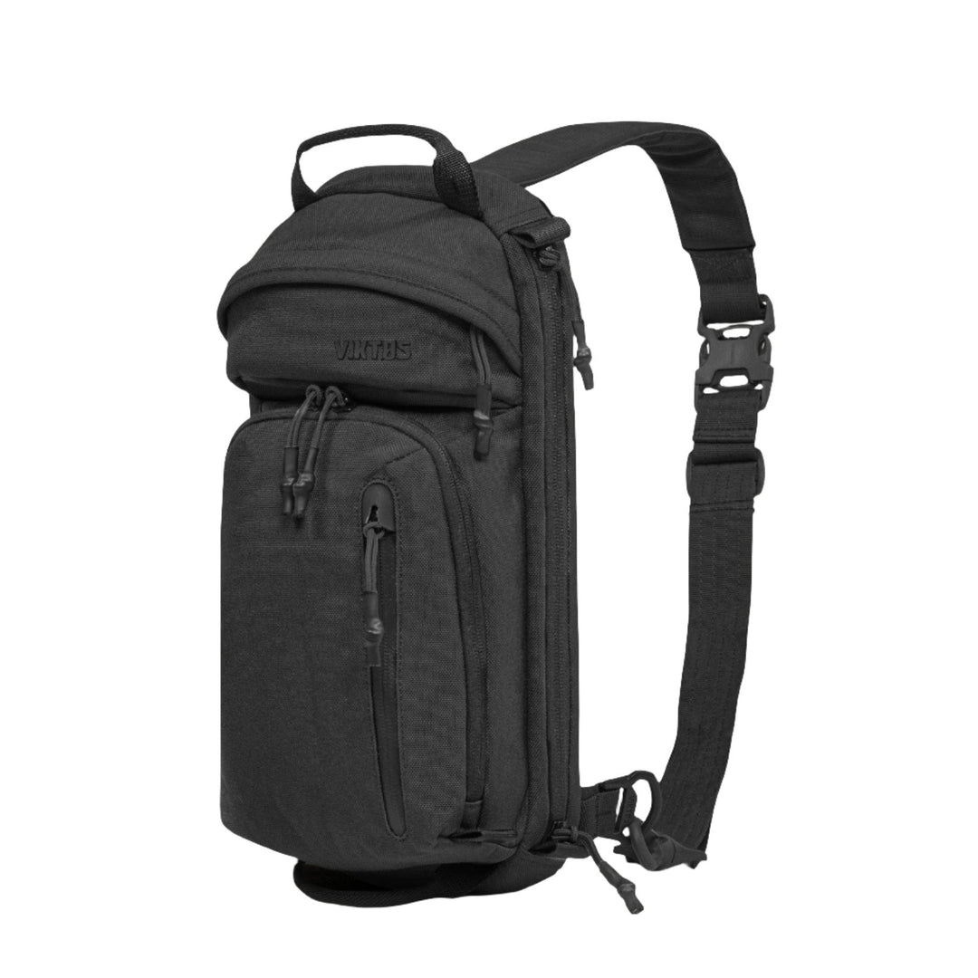 The Viktos Upscale3 Sling from Viktos is a black sling backpack with multiple zippered compartments and a single shoulder strap, designed for concealed carry. Featuring a top handle, adjustable buckle strap, and space for a body armor insert, the durable fabric ensures compact functionality and style.