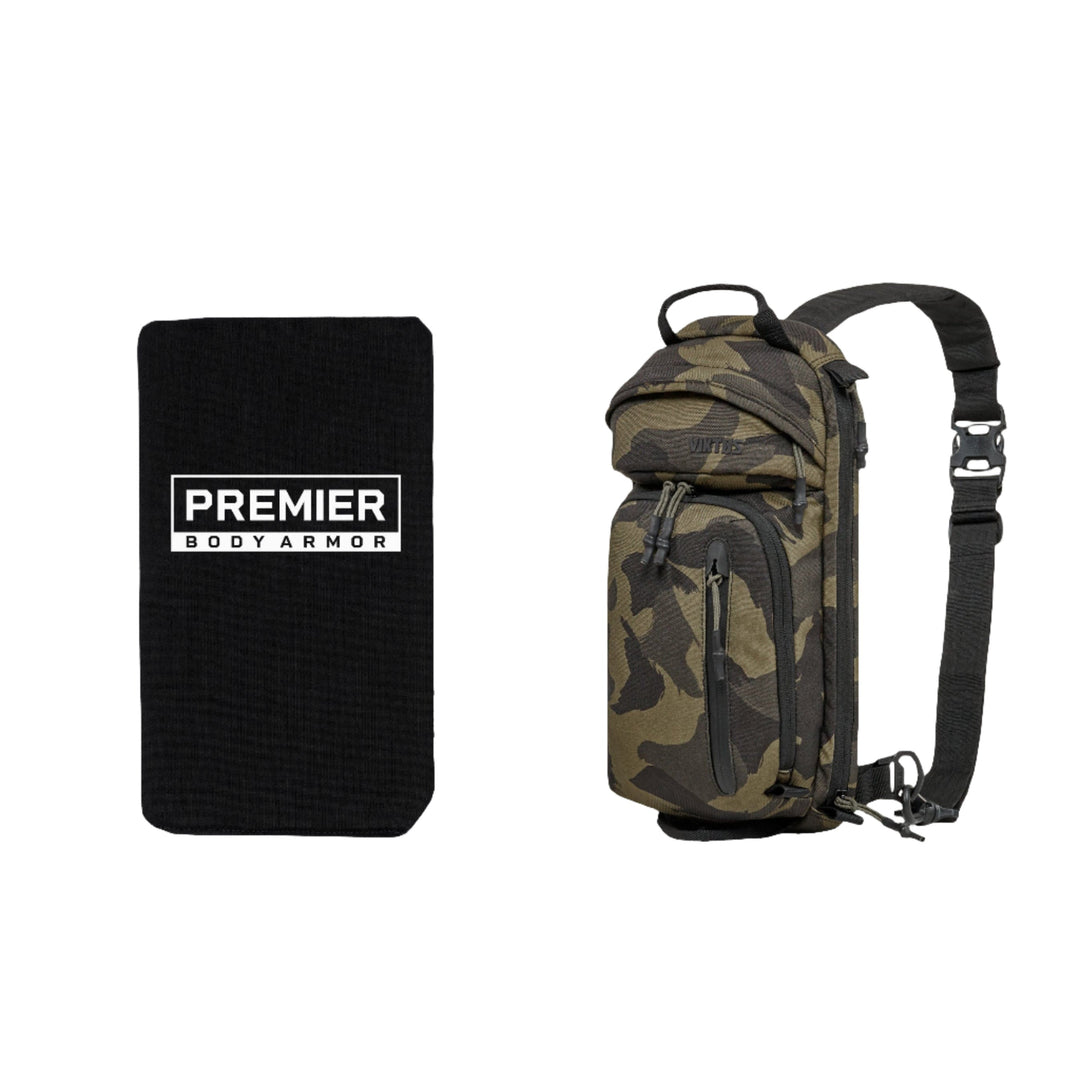 The image displays the Armored Viktos Upscale3 Bundle. On the left is a rectangular black panel branded with "Premier Body Armor" in white, indicating it’s a ballistic insert. On the right is a camouflage-patterned Upscale3 Slingbag featuring multiple compartments and a carrying strap, ideal for minimalist concealed carry. The bundle is from Viktos/Premier.