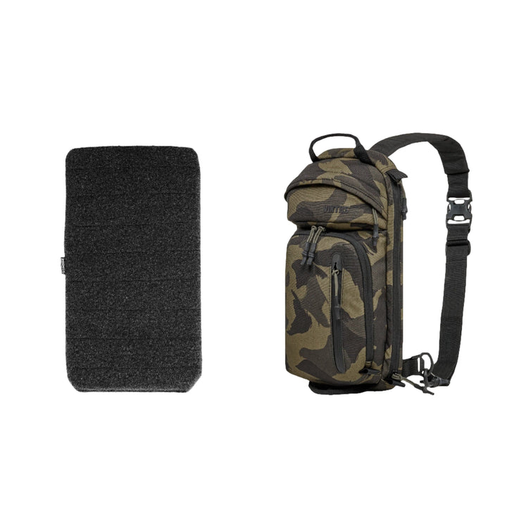 The image displays two items: on the left, a textured rectangular black pouch, and on the right, the Viktos/Premier Armored Viktos Upscale3 Bundle Slingbag with a camouflage pattern, various compartments, an adjustable strap, and designed for minimalist concealed carry.