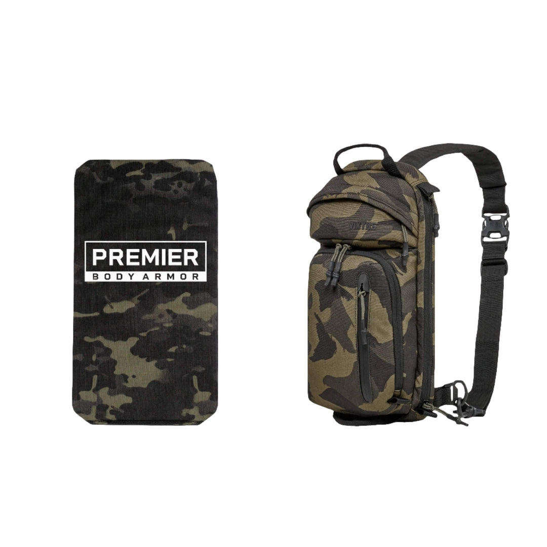 A black and grey camouflage-patterned ballistic insert labeled "Premier Body Armor" is displayed on the left. On the right, there is an Armored Viktos Upscale3 Slingbag with a matching camo pattern, multiple compartments, and adjustable straps, designed for minimalist concealed carry.