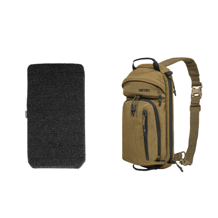 A black rectangular pouch made from textured material is displayed on the left. To the right, there is a tan Armored Viktos Upscale3 Bundle by Viktos/Premier, featuring multiple zippered compartments and an adjustable strap. This bundle is perfect for minimalist concealed carry enthusiasts who might consider adding a ballistic insert.