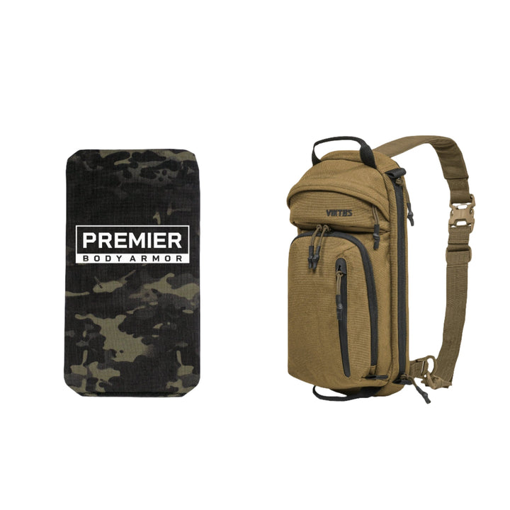 The image shows the Armored Viktos Upscale3 Bundle, which includes a black and camouflage-patterned Premier Body Armor panel on the left and a tan-colored VIKTOS Upscale3 Slingbag with multiple compartments on the right. The slingbag, designed for minimalist concealed carry, features a single shoulder strap for easy carrying.