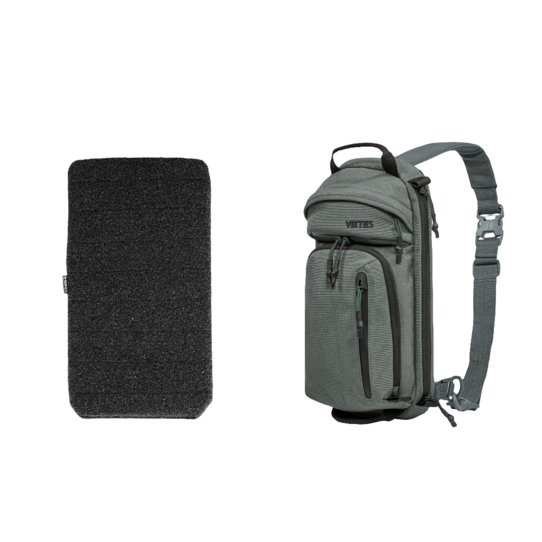 The image showcases two items. On the left is a black rectangular piece of material, part of an armored insert. On the right is an Armored Viktos Upscale3 Bundle by Viktos/Premier in gray, featuring multiple zippers and a shoulder strap for minimalist concealed carry.
