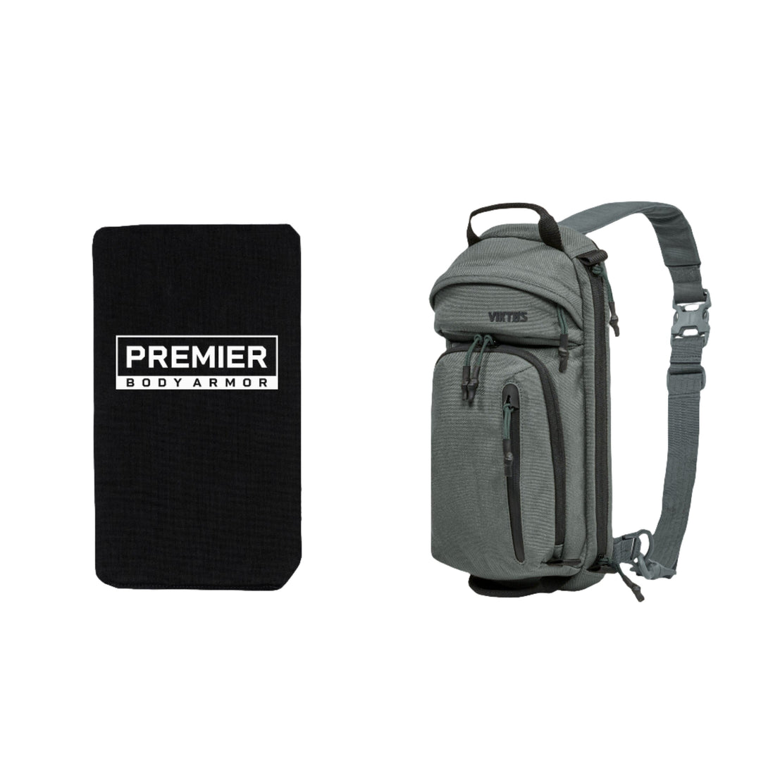 A black rectangular panel with "Premier Body Armor" written on it is displayed on the left. To the right is a gray Viktos Upscale3 Slingbag, crafted for minimalist concealed carry, featuring multiple zippered compartments and a single adjustable shoulder strap. This combination makes up the Armored Viktos Upscale3 Bundle by Viktos/Premier.