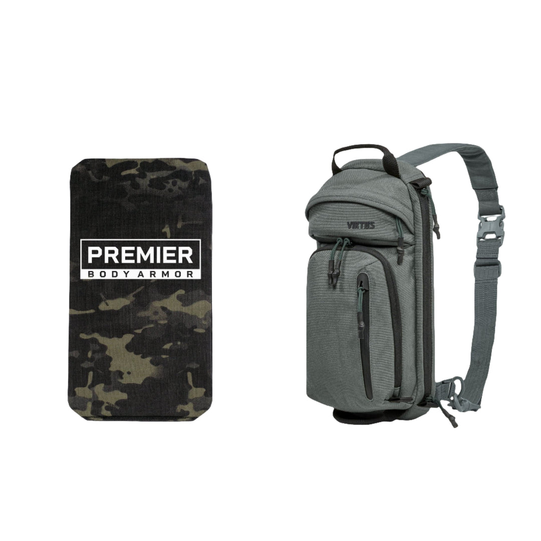 An image showing two items: on the left, a rectangular black and camouflage-patterned body armor panel with the text "Premier Body Armor" designed as a ballistic insert; on the right, an upscale grey tactical backpack with multiple compartments and an adjustable strap, ideal for minimalist concealed carry. Both items are part of the Armored Viktos Upscale3 Bundle by Viktos/Premier.