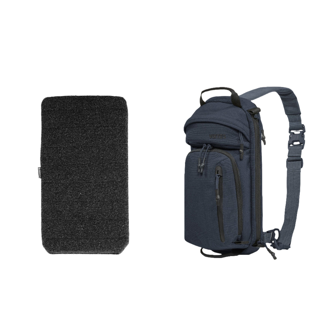 The image shows two items against a white background. On the left is a rectangular black fabric cover, likely part of the Armored Viktos Upscale3 Bundle by Viktos/Premier, and on the right is a navy blue sling backpack with multiple zippered pockets and an adjustable strap, perfect for minimalist concealed carry or adding a ballistic insert.