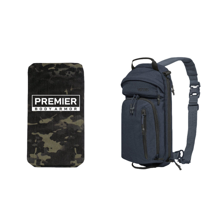 Image of a black and grey camouflage-patterned body armor panel by Viktos/Premier, featuring the text "Premier Body Armor" in white letters, alongside the Armored Viktos Upscale3 Bundle—a black tactical sling bag with multiple compartments and a shoulder strap, perfect for minimalist concealed carry.