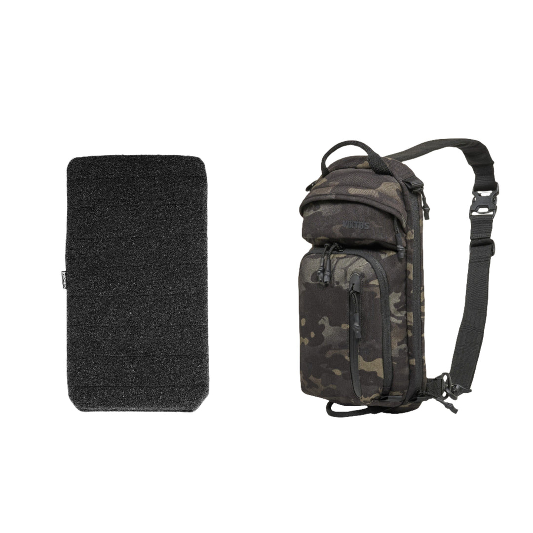 An image showing items from the Armored Viktos Upscale3 Bundle: a black rectangular fabric or pad with a textured surface on the left, and a Viktos/Premier Upscale3 Slingbag in a tactical-style, featuring both black and camouflage patterns, perfect for minimalist concealed carry.