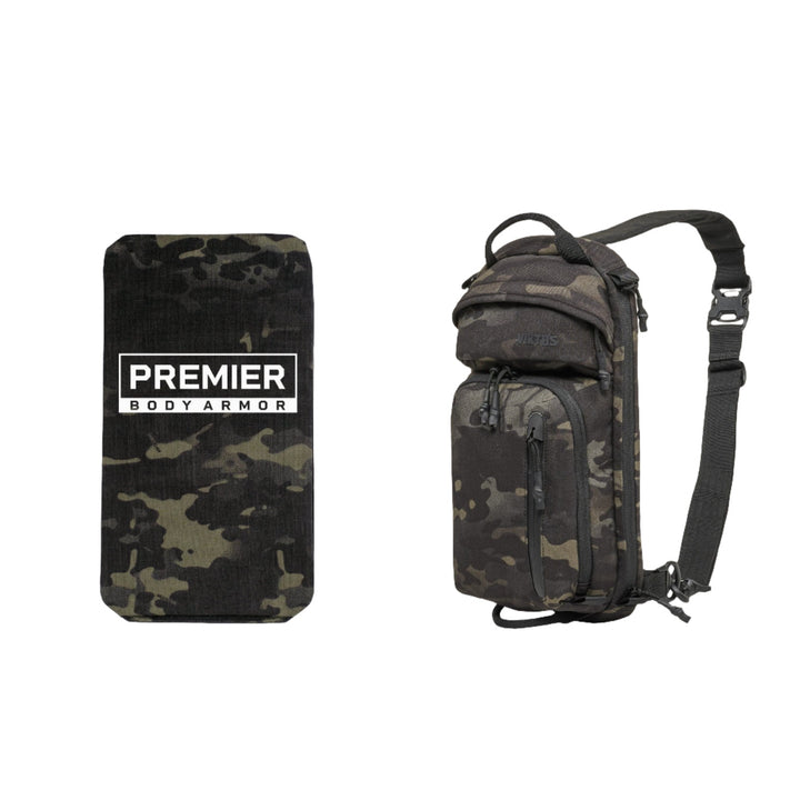 On the left, a sleek and minimalist black and camouflage-patterned body armor panel labeled "Premier Body Armor" is featured. On the right, there is an Upscale3 Slingbag in matching black and camouflage with multiple compartments and an adjustable shoulder strap. This entire setup forms the Armored Viktos Upscale3 Bundle by Viktos/Premier.