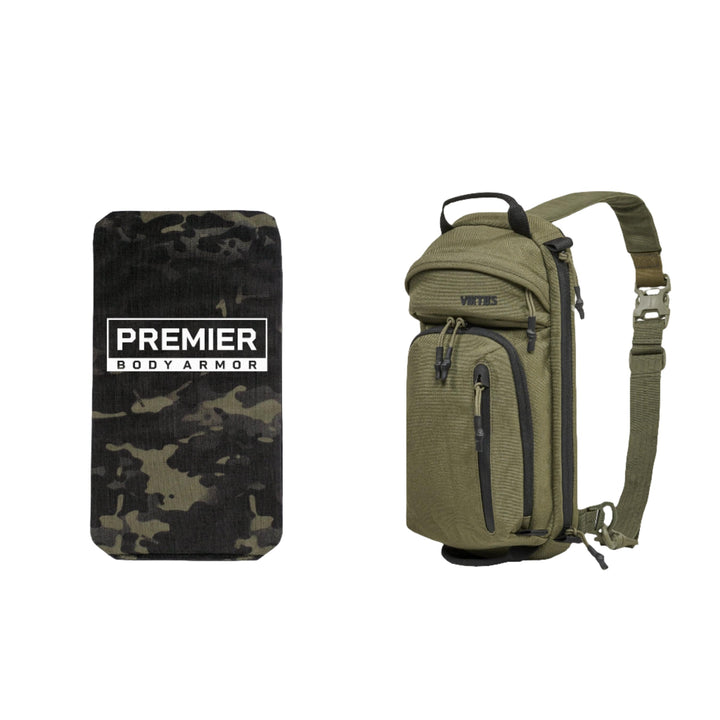 On the left, a compact, camouflage-patterned body armor panel labeled "Premier Body Armor" is displayed. To the right, there is a green Viktos Upscale3 Slingbag featuring various compartments and zipper pockets, offering versatile storage for minimalist concealed carry or a ballistic insert. This bundle is known as the Armored Viktos Upscale3 Bundle by Viktos/Premier.