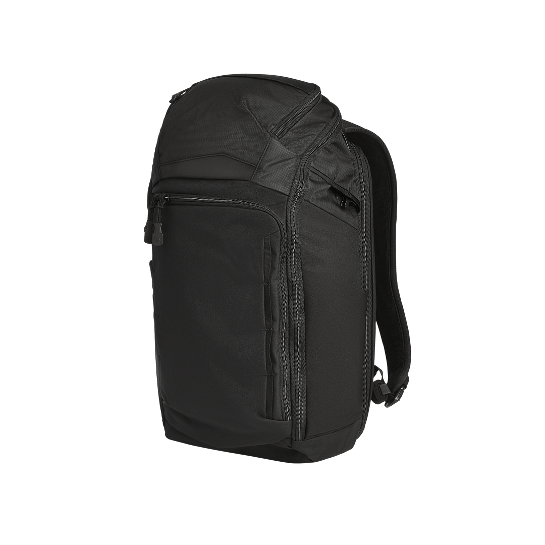 The Vertx Gamut 26L Pack by Vertx is a black EDC backpack with multiple zippered compartments, CCW compartment, and padded shoulder straps. Its sleek, structured design enables rapid access to essentials. Shown against a plain white background.