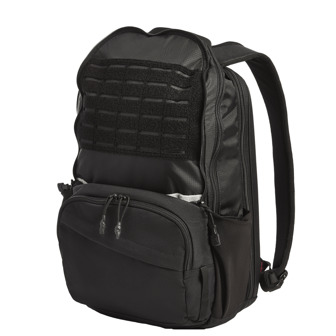 The Vertx Ready Pack X by Vertx is a black tactical-style EDC backpack featuring padded shoulder straps, a large main compartment (partially open), MOLLE webbing, CCW compartment, zippered and side pockets, shown on a plain white background.