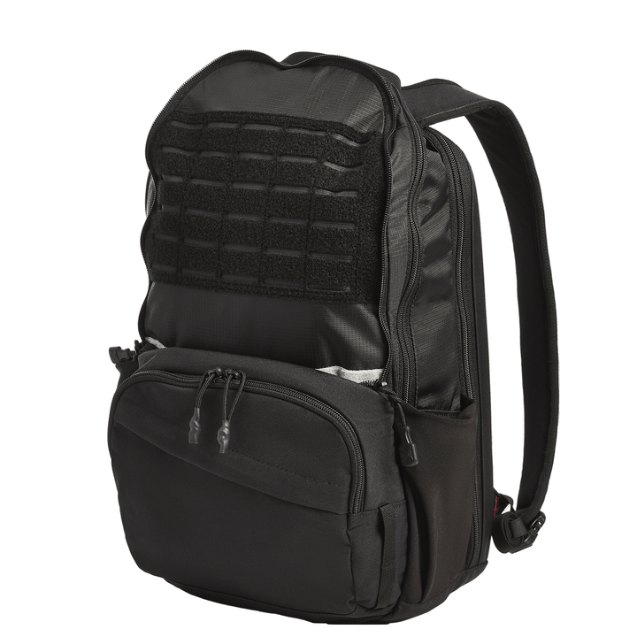 The Vertx Ready Pack X by Vertx is a black tactical-style EDC backpack featuring padded shoulder straps, a large main compartment (partially open), MOLLE webbing, CCW compartment, zippered and side pockets, shown on a plain white background.