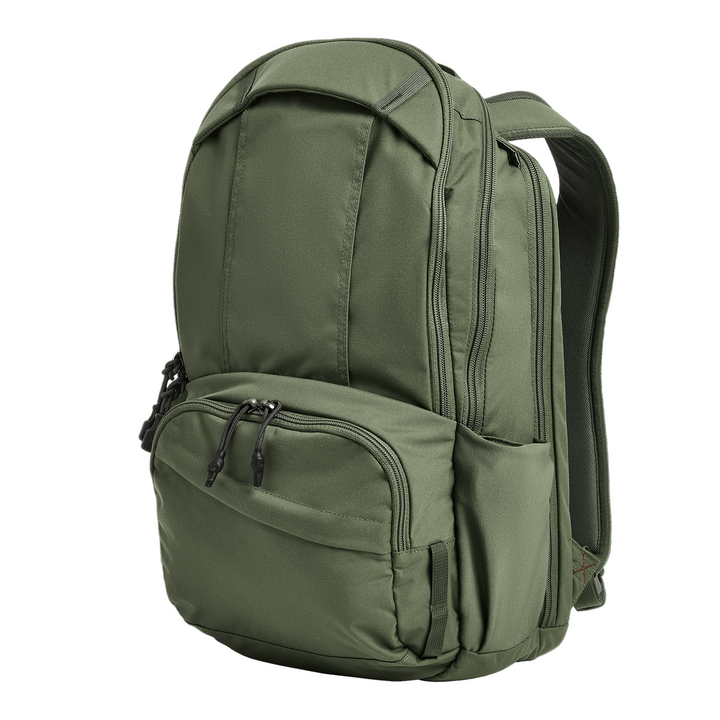 A green Vertx Ready Pack X backpack by Vertx, featuring multiple zippered compartments—including a dedicated CCW section—and padded shoulder straps, stands upright against a white background, ideal for everyday carry.