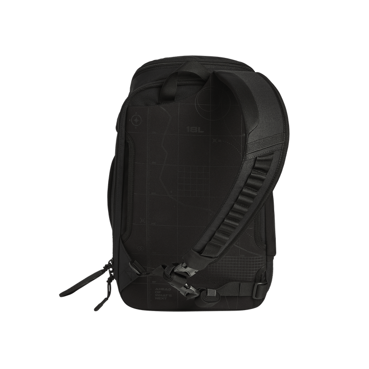 The Vertx Gamut 18L Sling by Vertx is a black backpack with padded shoulder strap, zipper pulls, rapid access CCW compartment, and a subtle grid pattern with "18L" technical marking, shown upright against a white background.