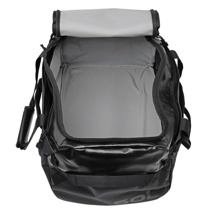 The Vertx RLT Duffel by Vertx showcases an open black design with a roll-top closure and a gray interior lining. Renowned for its durable construction, it includes shoulder straps and offers customizable storage solutions, presenting an empty canvas ready to accommodate your gear.