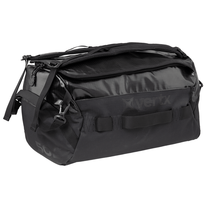 The Vertx RLT Duffel bag, displayed against a white background, offers robust construction with various compartments, strong handles, and an adjustable shoulder strap. It comes with reinforced material, subtle branding, and customizable storage options for optimal convenience.