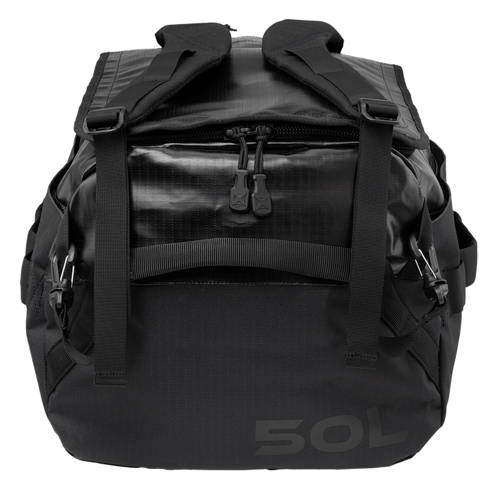 A black backpack boasting a top zip closure and adjustable shoulder straps offers customizable storage solutions. The front flap pocket prominently displays "50L" to indicate its capacity, all meticulously crafted with durable materials. Its smooth, glossy finish provides a sleek aesthetic similar to the design of the Vertx RLT Duffel by Vertx.