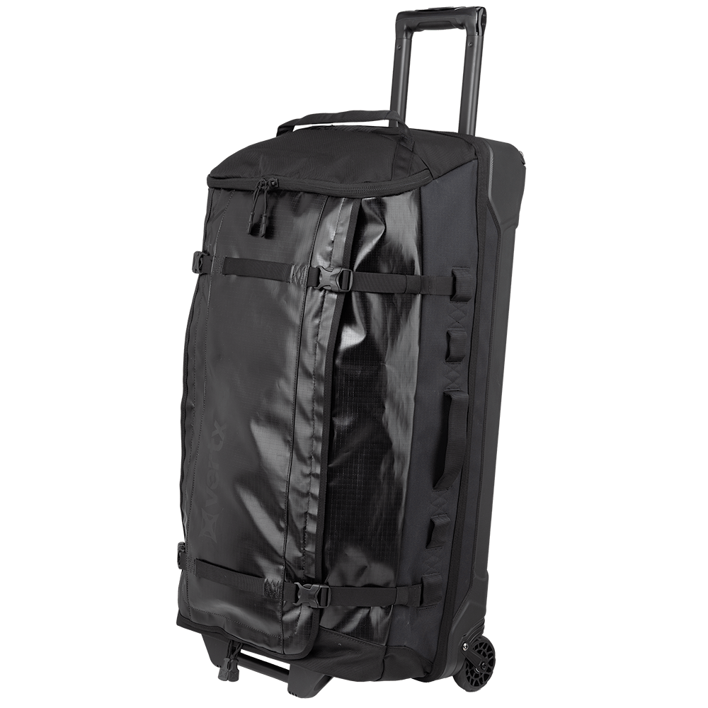 The Vertx RLT 100L Duffel Bag Roller is a black tactical duffel featuring sleek wheels and a glossy exterior, crafted for rugged durability. It includes a sturdy handle, multiple straps, side pockets, and a reinforced base to ensure enhanced mobility and longevity.