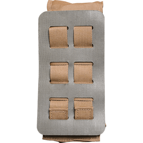 The Vertx Molle Adaptor Panel - Double is a khaki-colored fabric pouch featuring a grey, grid-like frame on the front. This frame consists of four rows and three columns of rectangular openings, forming twelve compartments in total. Made from durable material, it integrates seamlessly with the MOLLE Adapter Panel System.