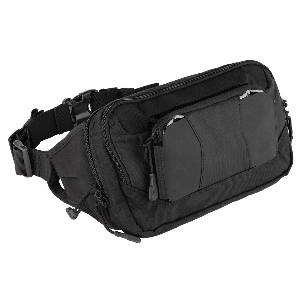 The Vertx SOCP Tactical Fanny Pack by Vertx comes in black and features multiple zippered compartments with an adjustable strap. The front boasts a prominent zippered pocket, while the sides include additional smaller pockets and loops. Its durable material is suitable for outdoor use and can accommodate a body armor insert.