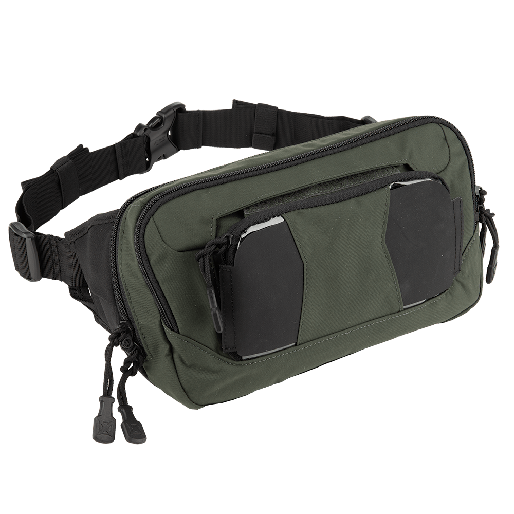 The Vertx SOCP Tactical Fanny Pack, from the brand Vertx, is a green and black pack featuring multiple compartments and zippers, along with an adjustable strap. It boasts a spacious main compartment and an easily accessible front pocket. The strap is equipped with a plastic buckle for secure fastening, making it ideal for integrating a body armor insert.