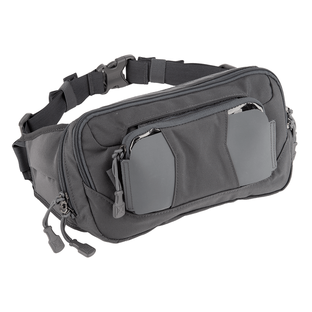 The Vertx SOCP Tactical Fanny Pack from Vertx is depicted as a black, rectangular fanny pack with multiple compartments and a zipper closure. It includes adjustable straps and two side pockets. The bag exhibits a rugged design suited for outdoor activities, making it an ideal companion for those seeking versatile, reliable gear.