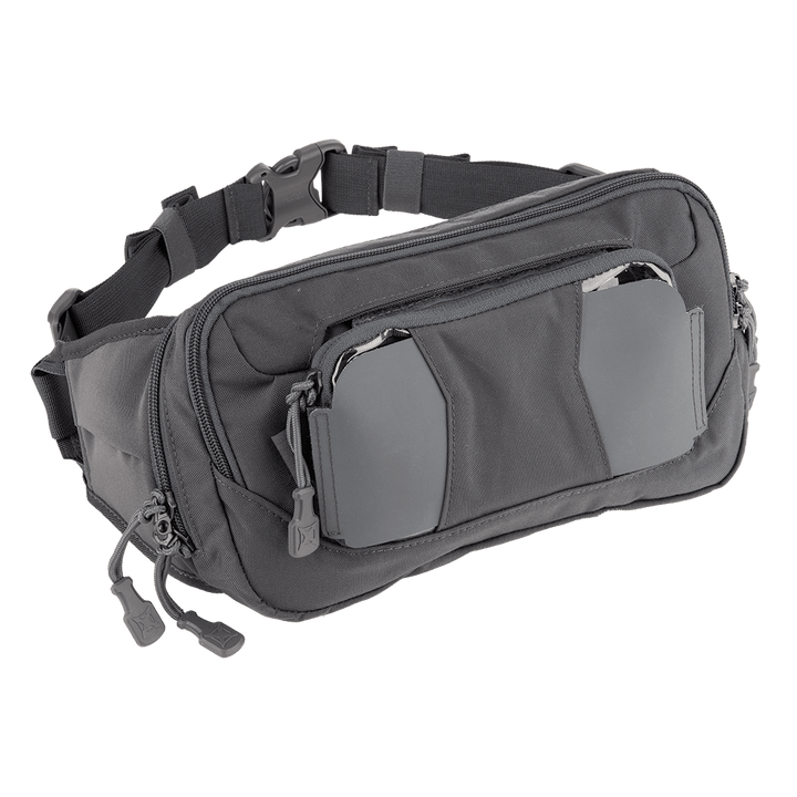 The Vertx SOCP Tactical Fanny Pack from Vertx is depicted as a black, rectangular fanny pack with multiple compartments and a zipper closure. It includes adjustable straps and two side pockets. The bag exhibits a rugged design suited for outdoor activities, making it an ideal companion for those seeking versatile, reliable gear.