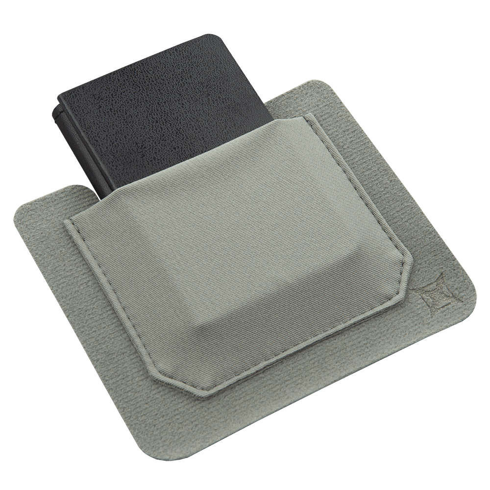 The Vertx Stretch Pocket Small 2 pack includes a black rectangular item fitted in a light grey square fabric pouch with an open top. The Tactigami pouches, made by Vertx, are crafted from durable material and feature stitched borders. The overall design is minimalistic and functional, making them perfect for kit organization.