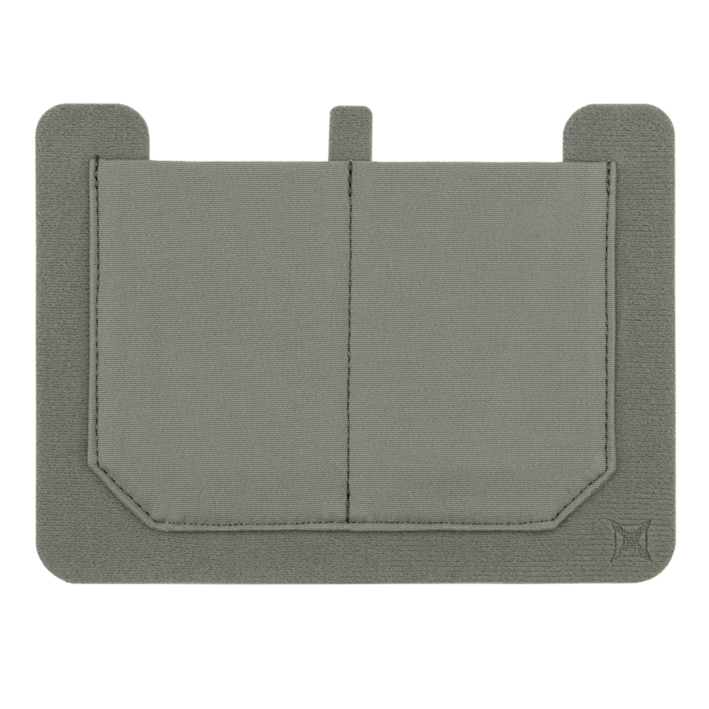 The Vertx Stretch Pocket Large by Vertx is a gray rectangular cardholder featuring two stitched compartments, a small tab at the top, and Vertx loop-lined carry for added convenience. It has slightly rounded corners and a subtle logo in the bottom right corner, crafted from fabric or canvas.