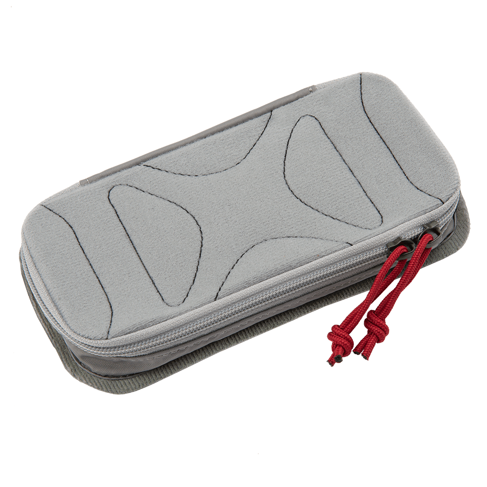 The Vertx Pack Organizer Small 2 pack features a rectangular grey case with a zipper closure and two color-coded red zipper pulls. The top of the case has a quilted design with abstract patterns and appears to be padded, making it ideal for protecting and carrying Tactigami accessories or other essentials.