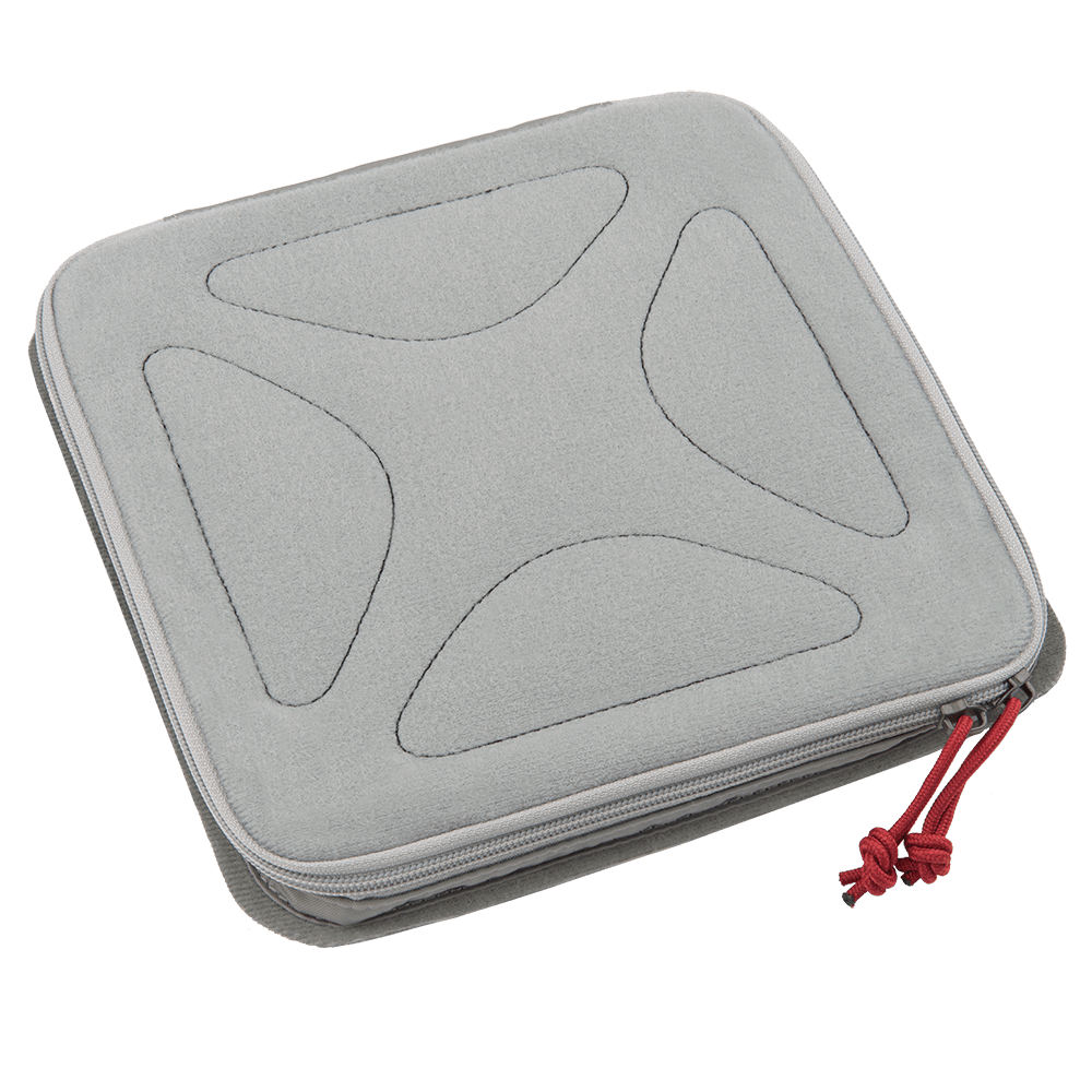 A square gray zippered carrying case with rounded corners and a textured pattern on the top, perfect for the Vertx Pack Organizer Medium. The zipper pull has a red cord attached, blending seamlessly into the Tactigami™ system from Vertx.