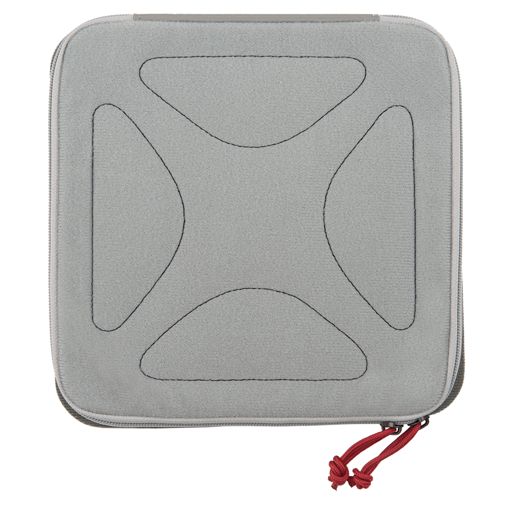 A square, light gray carrying case with rounded corners and a geometric pattern stitched on the front. The Vertx Pack Organizer Medium has a zipper closure, with two red zipper pulls on the bottom right side. Featuring the Tactigami™ system from Vertx, it integrates seamlessly with Medium Pack Organizers for versatile use.