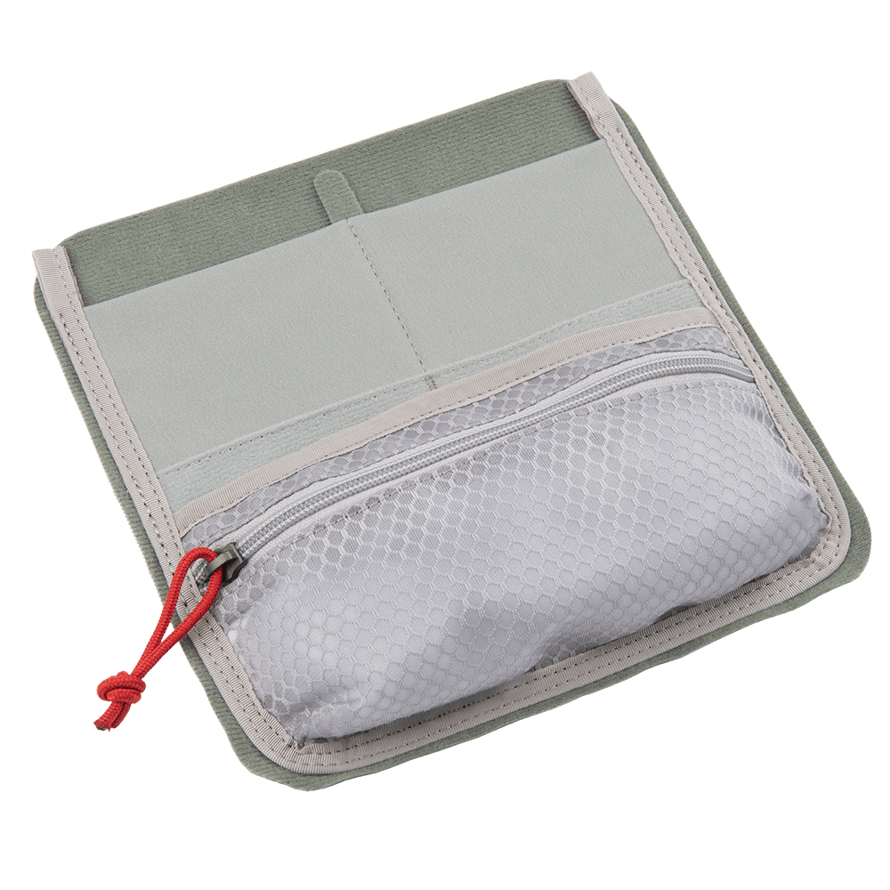 The Vertx Pack Admin Organizer by Vertx is a square, gray Tactigami™ organizer pouch with beige edges. It includes two open compartments at the back, a front compartment covered with mesh and transparent plastic, and a red pull tab on the zipper for streamlined gear management.