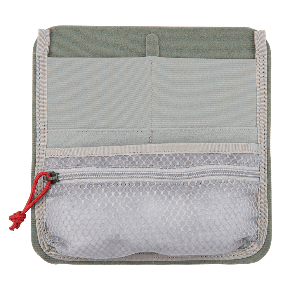 The Vertx Pack Admin Organizer by Vertx is an open fabric organizer featuring multiple differently-sized pockets. The top section includes two slots, the middle section has a grey pocket, and the bottom section features a white mesh zipper pocket with a small red loop on the zipper pull for efficient gear management using Tactigami™ Admin Zipper Pouches.