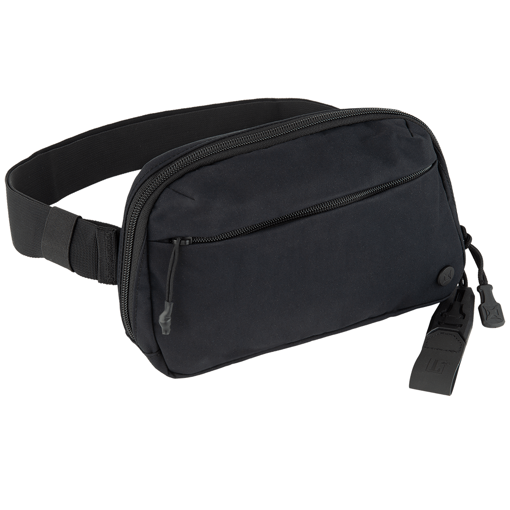 The Vertx Everyday Fanny Pack 2.0 in black features an adjustable strap, front zip pocket, and side keychain. Displayed against a white background, this Vertx bag is designed for everyday use.