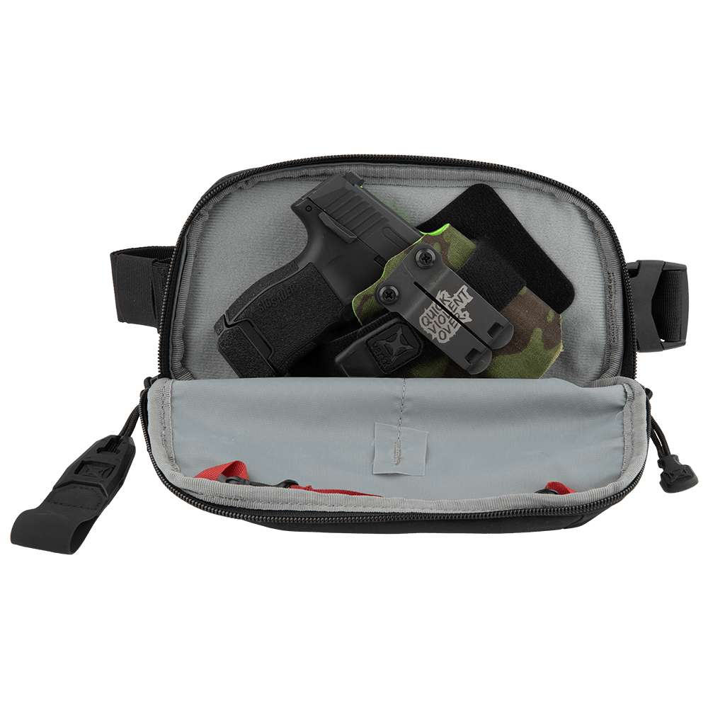 The Vertx Everyday Fanny Pack 2.0 by Vertx is a black zippered pouch with side straps, shown open to display a compact handgun in a holster and fabric items, making it perfect for off-body carry.
