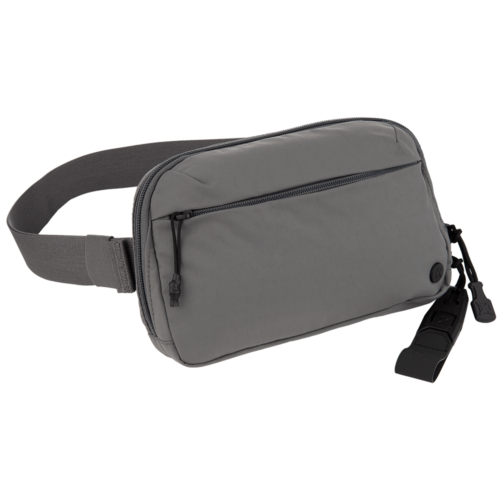 The Vertx Everyday Fanny Pack 2.0 by Vertx is a gray concealed carry fanny pack with a zippered front pocket, adjustable strap, black circular detail, and dual-zippered main compartment for secure off-body carry.