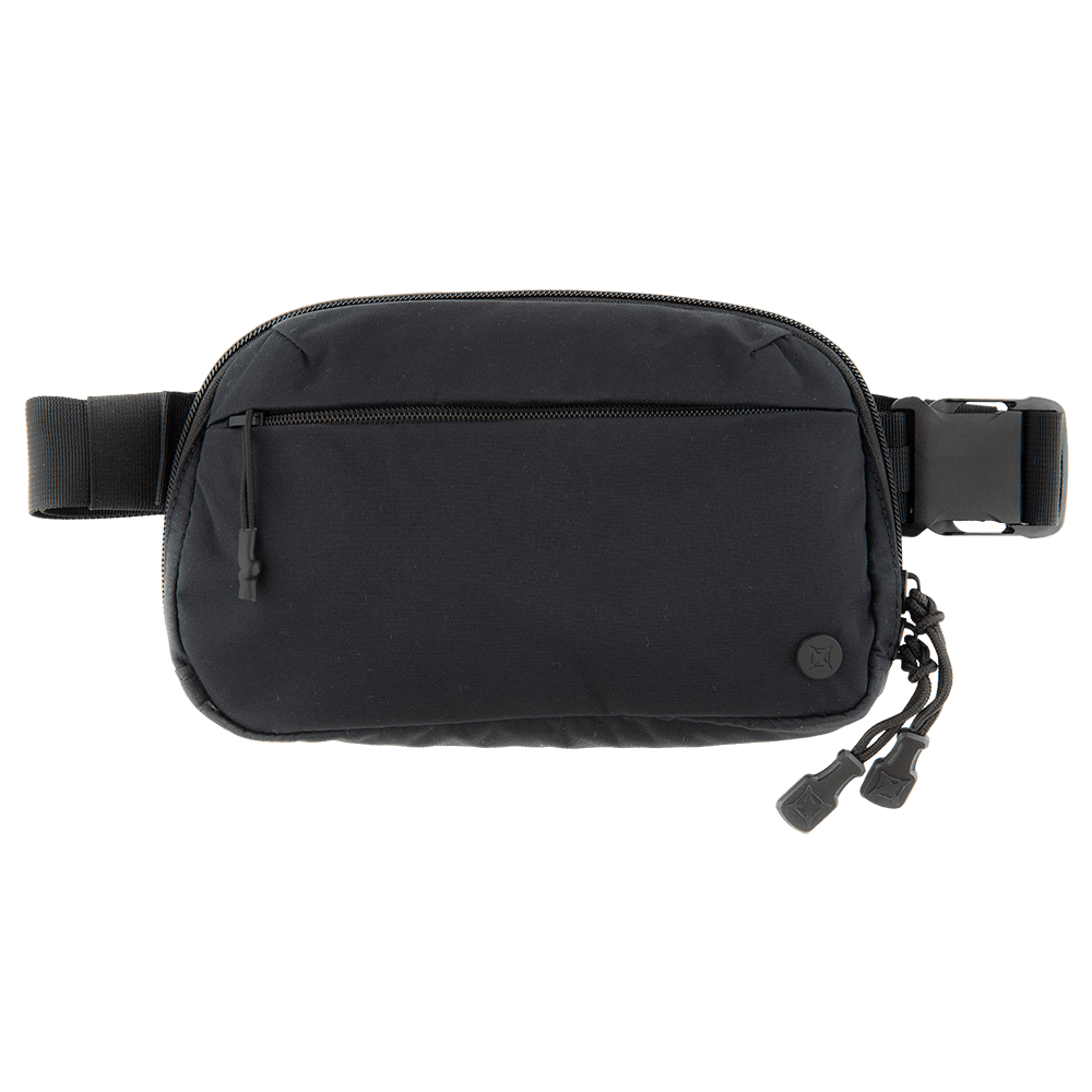 The Vertx Everyday Fanny Pack by Vertx is a black, water-resistant fanny pack featuring a zippered front pocket, multiple zipper pulls, and an adjustable strap. It also has a large buckle on the right side and is designed for concealed carry.