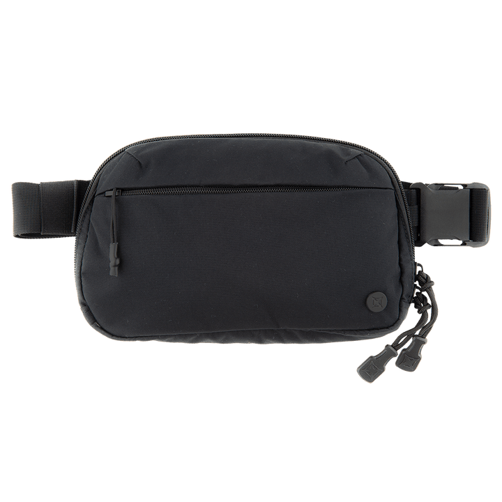 The Vertx Everyday Fanny Pack by Vertx is a black, water-resistant fanny pack featuring a zippered front pocket, multiple zipper pulls, and an adjustable strap. It also has a large buckle on the right side and is designed for concealed carry.