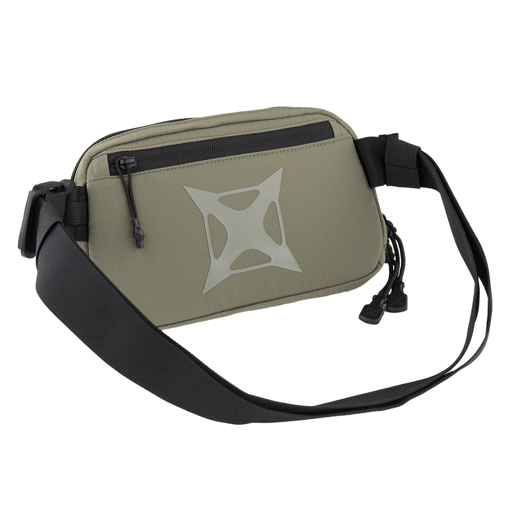 Introducing the Vertx Everyday Fanny Pack by Vertx—a compact, beige crossbody bag featuring a white geometric design in the center. It comes equipped with a front zippered pocket, a black adjustable shoulder strap, and additional side straps with buckles, making it the perfect blend of style and convenience for everyday use.