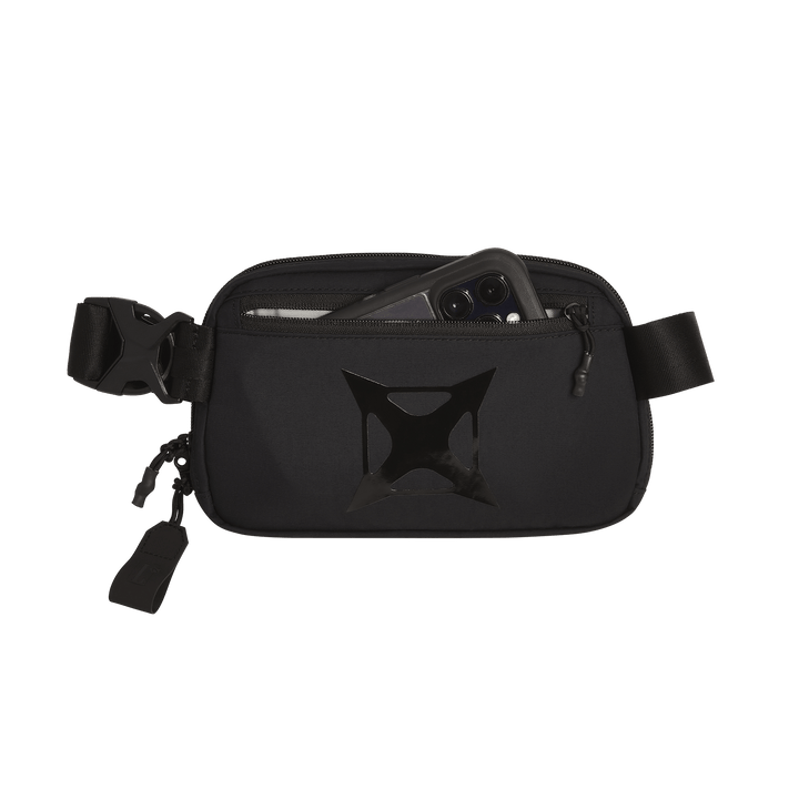 The Vertx Everyday Fanny Pack 2.1 by Vertx is a black waist pack with a front zipper pocket for your smartphone and pen or stylus. It features an adjustable strap with buckle and a black geometric design, perfect for carrying everyday essentials.