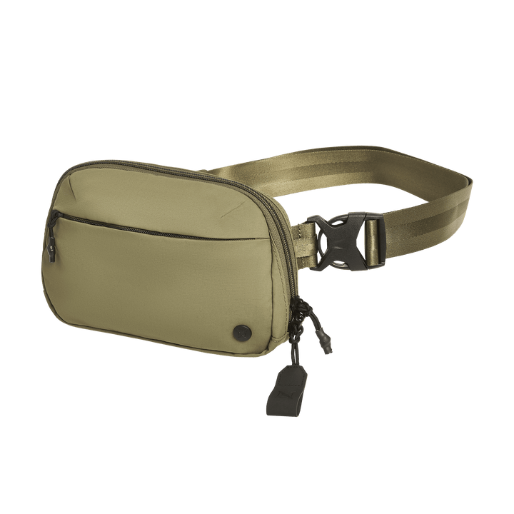 The Vertx Everyday Fanny Pack 2.1 is a khaki green EDC waist pack featuring a front zipper pocket, black buckle with adjustable strap, small black logo patch, and ballistic-panel compatibility, shown against a plain white background.