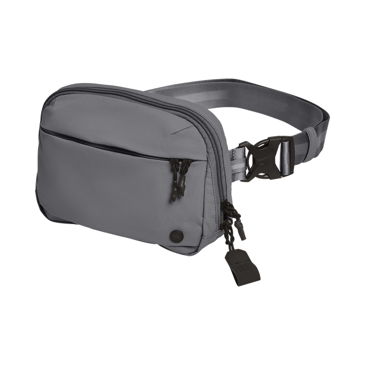 The Vertx Everyday Fanny Pack+ by Vertx, shown in grey against a white background, features an adjustable strap, plastic buckle, and two zippered compartments for secure and accessible storage of your essentials.