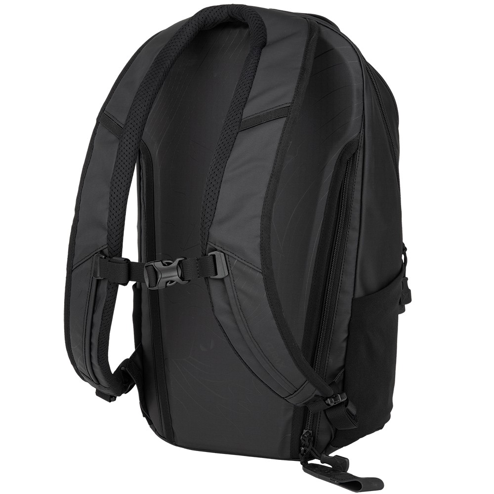 Introducing the Vertx Urban Ghost Pack, a sleek black backpack designed for comfort with padded shoulder straps and a chest strap. Made from durable ripstop fabric, it includes a side pocket and discreet zipper. This water-resistant pack is perfect for urban adventures.