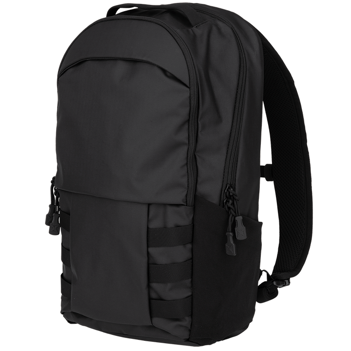 The Vertx Urban Ghost Pack by Vertx is a stylish black backpack made from robust ripstop fabric. It features numerous zippered compartments and a strong handle, offering a minimalist design with adjustable padded shoulder straps and side webbing for extra attachments.