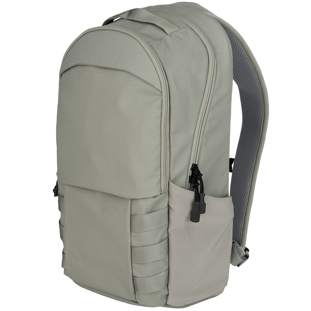 The Vertx Urban Ghost Pack from Vertx showcases a light gray design crafted from durable ripstop fabric. It includes multiple compartments and side pockets, along with black zipper pulls and padded straps for comfort. This pack perfectly balances style and functionality.