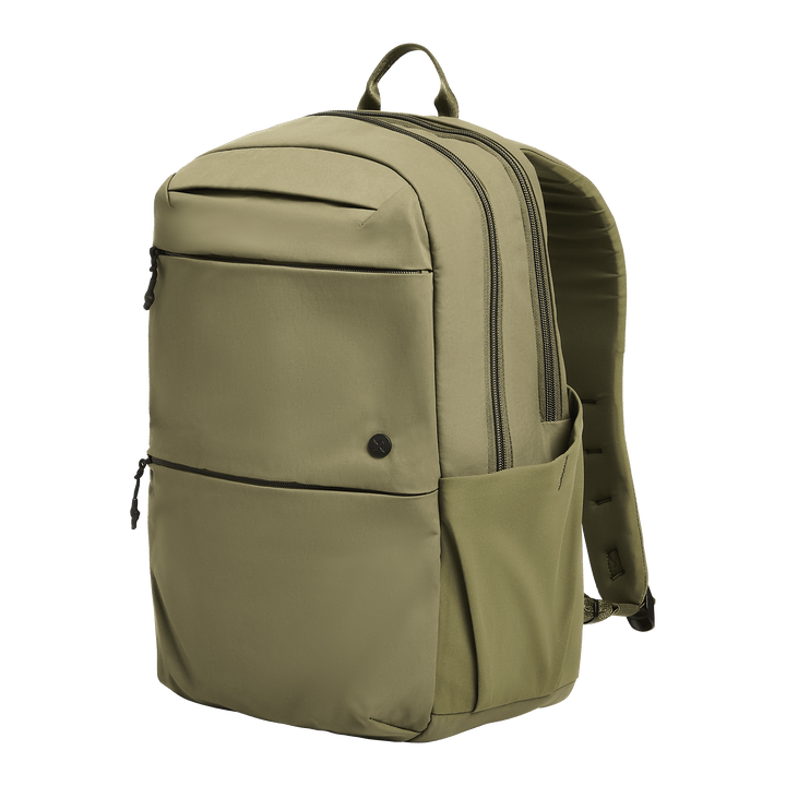The Vertx Any Day Backpack by Vertx, shown against a plain white background, features a khaki color, two main zippered compartments, a front pocket, side pockets, top handle, and is compatible with ballistic panels.